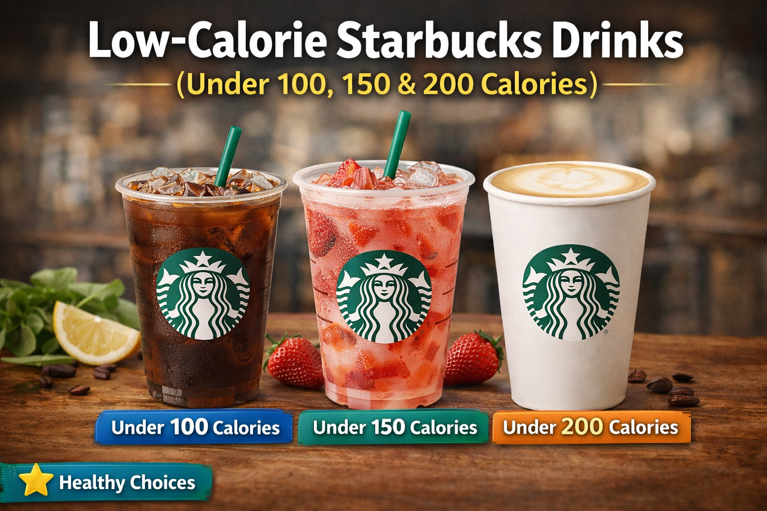 Healthy low-calorie Starbucks drinks on a wooden table